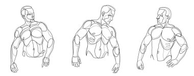 Athletic man torso vector linear illustrations set, male beauty with perfect muscular fit body posing, artistic drawings of fitness model.