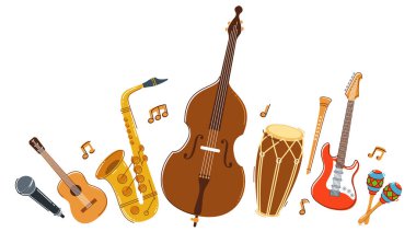 Caz müzik grubu kavramı farklı enstrümanlar vektör düz illüstrasyon beyaz zemin, canlı müzik festivali veya konser, müzisyen farklı enstrümanlar seti.