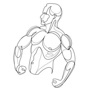 Athletic man torso vector linear illustration, male beauty with perfect muscular fit body posing, artistic drawing of fitness model.