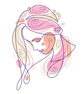 Beautiful face of attractive woman vector linear drawing, sensitive emotional line art adult girl portrait, feminine abstract face line art.