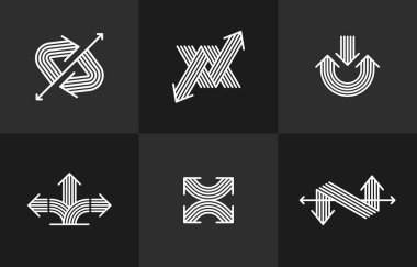 Ok vektörü orijinal logolar izole edildi, çift ok dinamik işaret koleksiyonu piktogram sembolü, doğrusal simgeler konsepti.
