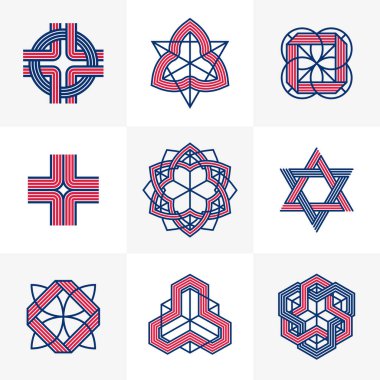 Birleştirilmiş çizgiler, vintage biçim simgeleri koleksiyonu, soyut geometrik doğrusal semboller vektör kümesi, logo oluşturma için grafik tasarım ögeleri.