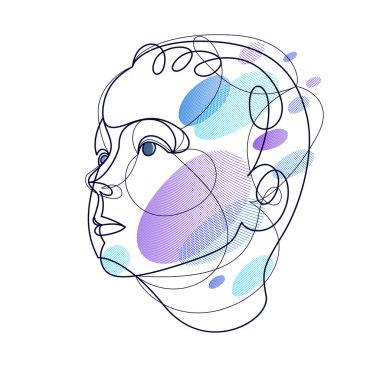 Portrait of a young child boy linear vector illustration isolated, toddler kid artistic line art drawing.