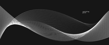 Pürüzsüz ve rahatlatıcı şekil vektörü soyut arkaplan siyah üzerinde akan parçacık dalgası, hareket halindeki eğri çizgiler, sakin ve yumuşak resim çizgileri.