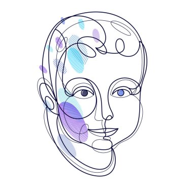 Portrait of a young child boy linear vector illustration isolated, toddler kid artistic line art drawing.