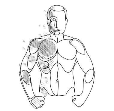Linear drawing of a perfect body fit model man posing vector illustration isolated, muscular macho sexy guy with naked torso topless.