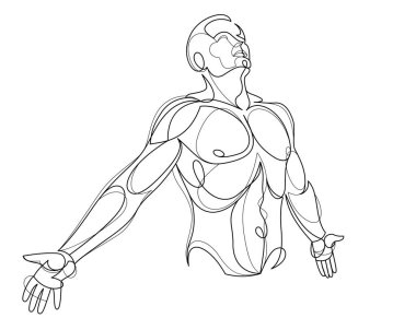 Man with spread hands showing pose of freedom like feeling that he can fly, vector linear illustration, emotional concept of feel free and happy.