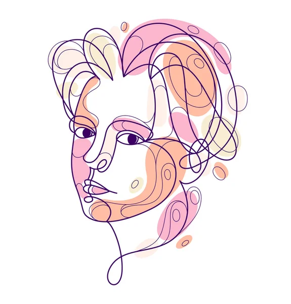 Woman Beauty Face Vector Linear Illustration Delicate Line Art Attractive — 图库矢量图片