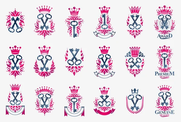 Turnkeys Secrets Emblems Vector Emblems Big Set Keys Heraldic Design — Stock Vector