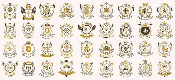 Vintage Heráldico Emblemas Vector Gran Conjunto Heráldica Antigua Insignias Simbólicas — Vector de stock