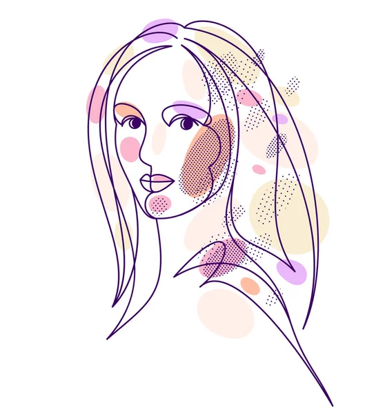 Beautiful Face Attractive Woman Vector Linear Drawing Sensitive Emotional Line — Vetor de Stock