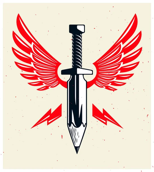 Idea Weapon Concept Weapon Designer Artist Allegory Shown Winged Sword — Stock Vector