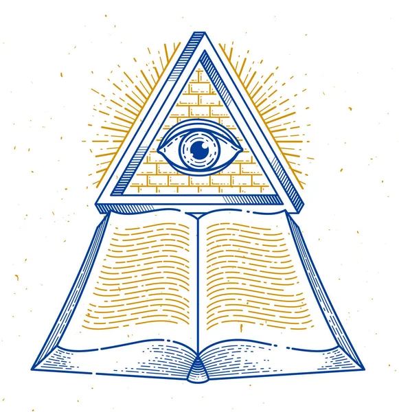 具有神眼的神圣几何三角形 洞察力和启发性 石制或照明符号 矢量标识或徽章设计元素的神秘知识古籍 — 图库矢量图片