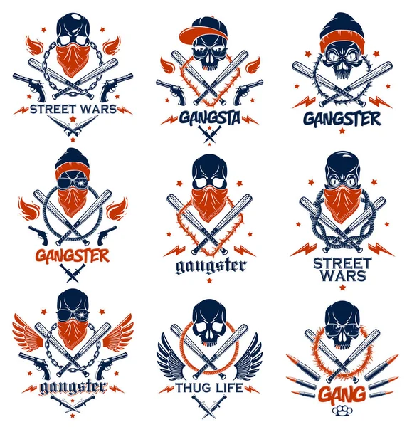 Tatuagem Criminal Emblema Gangue Logotipo Com Morcegos Agressivos Beisebol Crânio —  Vetores de Stock