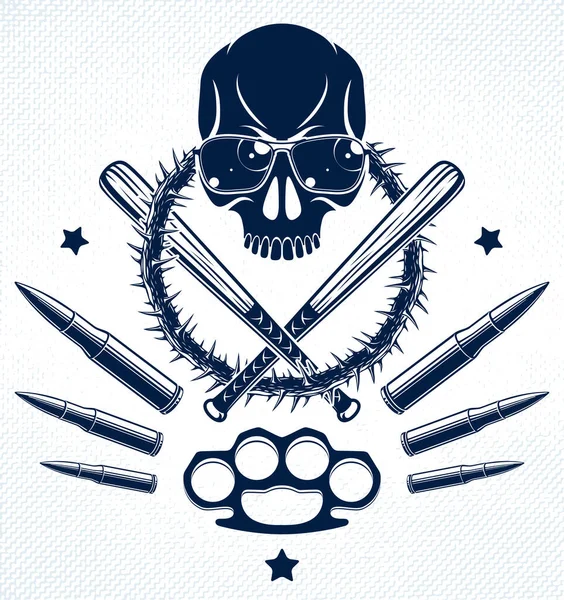 Gang Emblema Criminoso Brutal Logotipo Com Morcegos Beisebol Crânio Agressivo —  Vetores de Stock