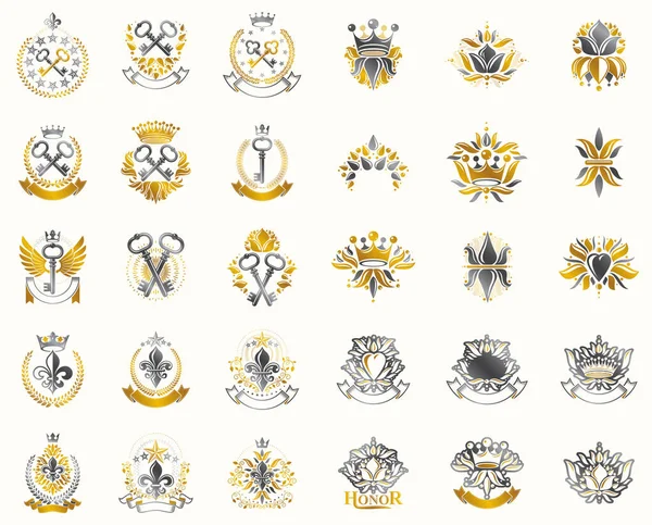 ヴィンテージ紋章ベクトル大きなセット アンティーク紋章シンボルバッジと賞のコレクション 古典的なスタイルのデザイン要素 家族のエンブレム — ストックベクタ