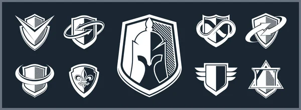 Classic Shields Shapes Set Different Additional Elements Vector Symbols Set — 스톡 벡터