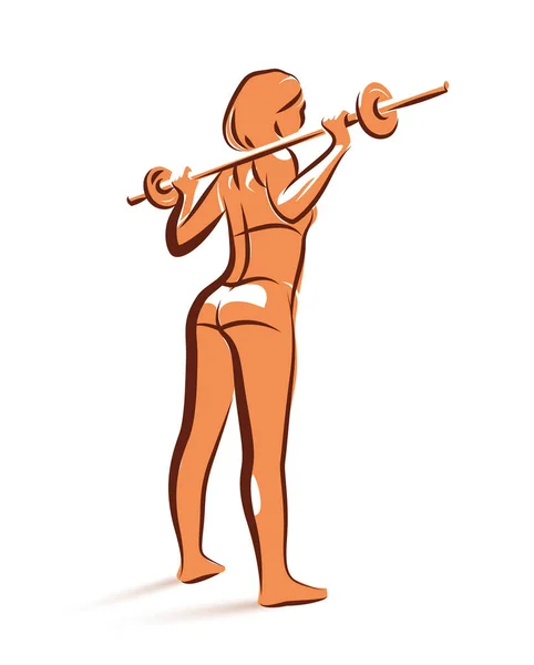 Young Attractive Woman Perfect Muscular Body Training Barbell Vector Illustration — 스톡 벡터