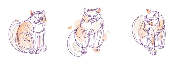 Nice Cute Cat Linear Vector Illustrations Set Line Art Drawings — ストックベクタ