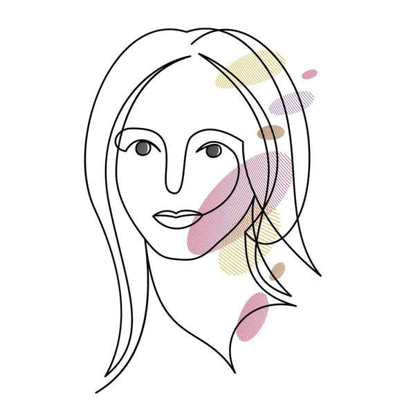 Beautiful Face Attractive Woman Vector Linear Drawing Sensitive Emotional Line — Archivo Imágenes Vectoriales