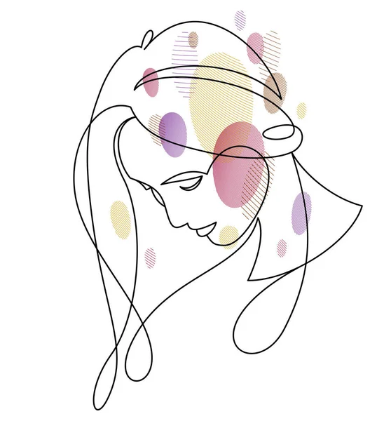 Beautiful Face Attractive Woman Vector Linear Drawing Sensitive Emotional Line — Archivo Imágenes Vectoriales