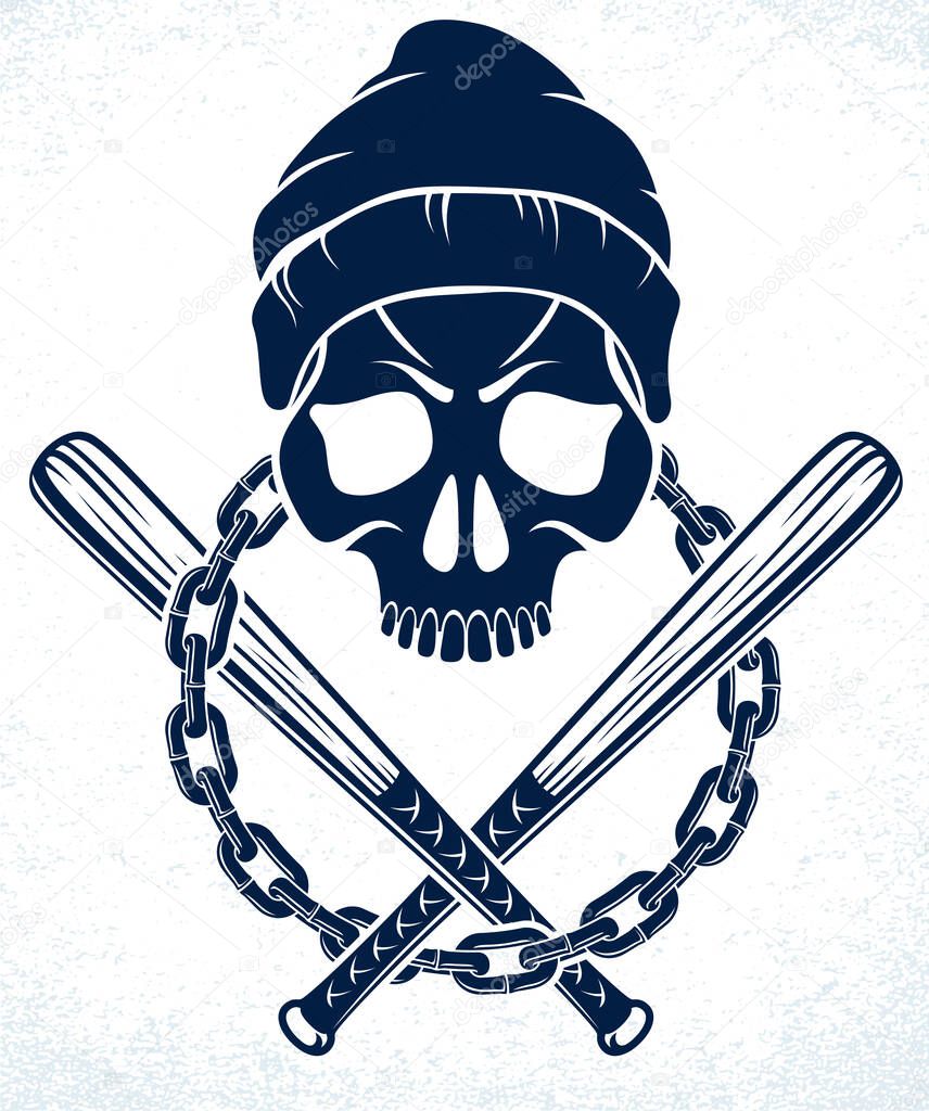 Criminal tattoo, gang emblem or logo with aggressive skull baseball bats design elements, vector, bandit ghetto vintage style, gangster anarchy or mafia theme.