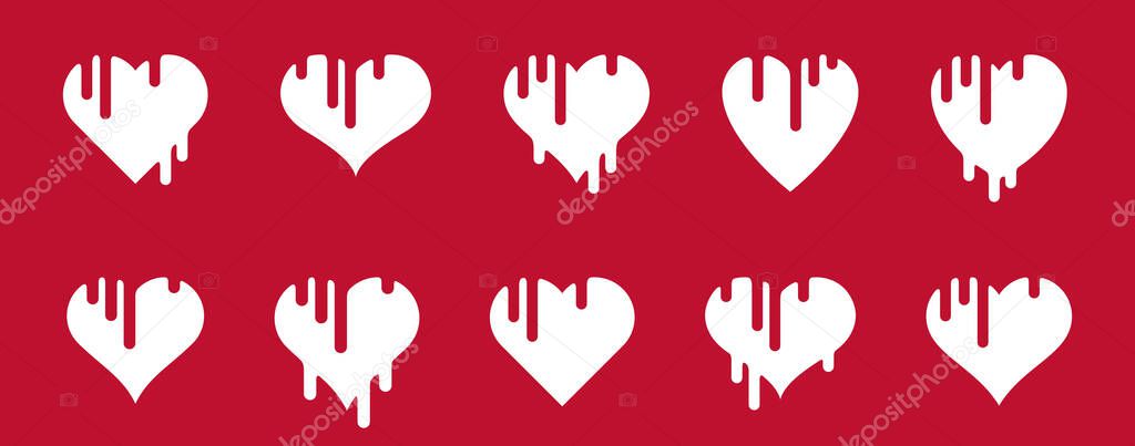 Melting hearts or hearts with paint or blood liquid vector logos or icons set, caramel candy or ice-cream melting style, graphic design simple elements collection.