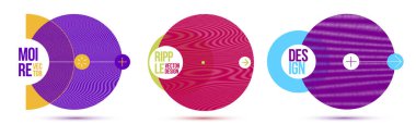 Grafik tasarım elemanları vektör seti, daireli moire mody tasarımları, posterler ve soyut modern sanat, optik sanat afişleri.