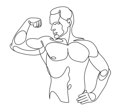 Athletic man torso vector linear illustration, male beauty with perfect muscular fit body posing, artistic drawing of fitness model.