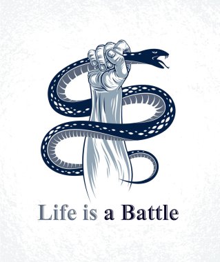 El yılanı sıkar, şeytana ve şeytana karşı savaşır, içindeki hayvanı kontrol eder, prototip gölge, hayat bir dövüş konseptidir, klasik vektör logosu ya da dövmedir..