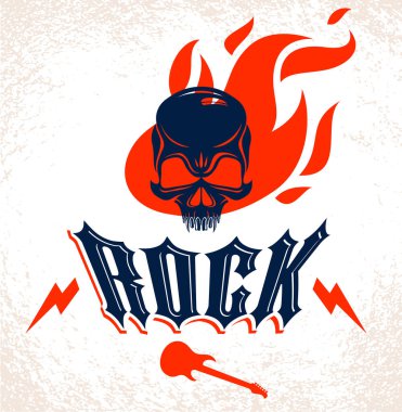 Alevli bir Hard Rock müzik grubu logosu ya da amblemi olan Skull, Fire Rock 'n Roll etiketli agresif kurukafa, Punk festivali konseri ya da kulüp, müzik aletleri dükkanı ya da kayıt stüdyosu.
