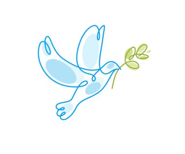 Peace dove with olive branch vector line art illustration isolated, flying bird symbol of peace and freedom, linear drawing.