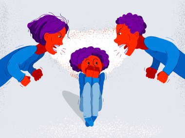 Ebeveynler bağırıyor ve korkmuş küçük çocuğa bağırıyor. Oğulları, tacizci ebeveynler aile içi şiddet, psikolojik şiddet, çocuk mağduru travması, vektör karikatürü..
