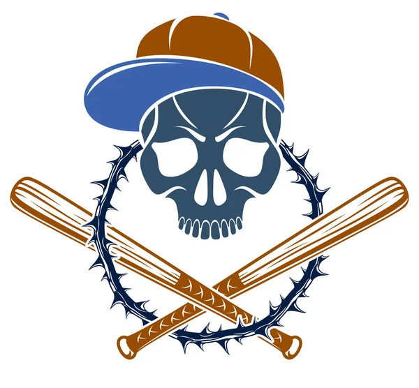 Gang Brutális Bűnöző Embléma Vagy Logó Agresszív Koponya Baseball Denevérek — Stock Vector
