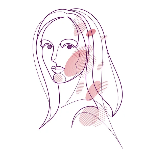 Beautiful Face Attractive Woman Vector Linear Drawing Sensitive Emotional Line — Stock vektor
