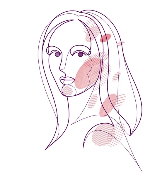 Beautiful Face Attractive Woman Vector Linear Drawing Sensitive Emotional Line — Archivo Imágenes Vectoriales