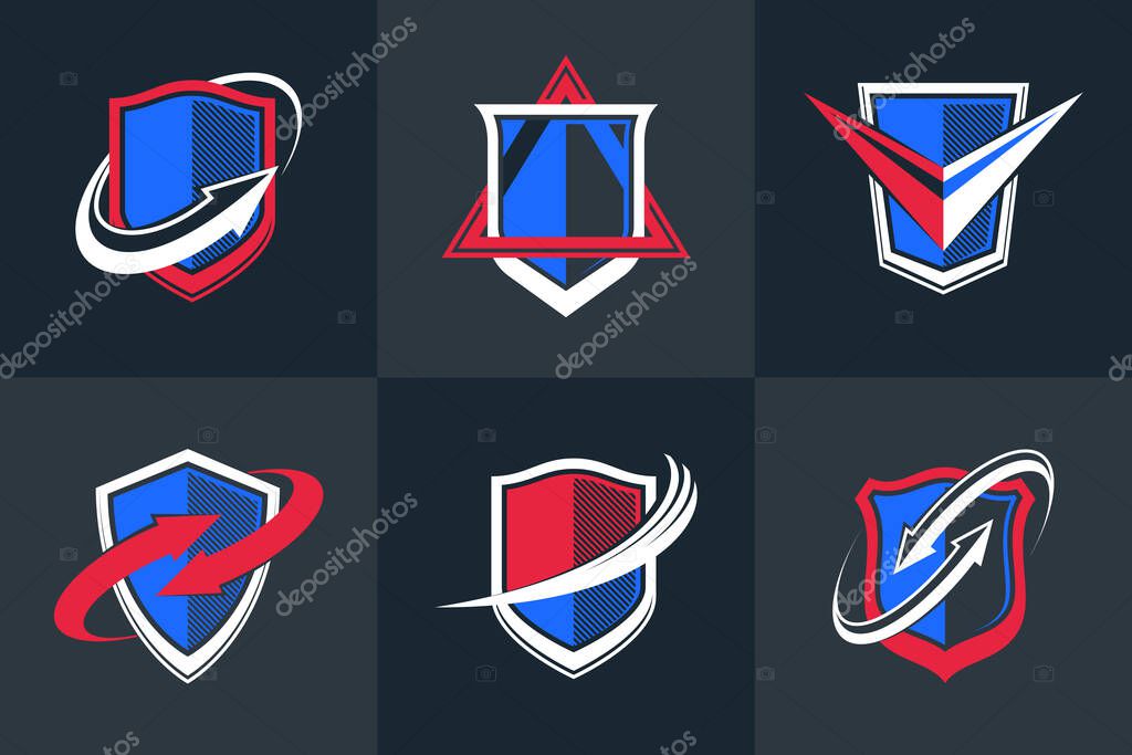 Classic shields shapes set with different additional elements vector symbols set, defense and safety icons, ammo emblems collection.