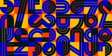 Geometrik elementlere sahip kusursuz desen vektör trend tasarımı, renkli tipografi parçaları kaplama arkaplan, soyut kompozisyon.