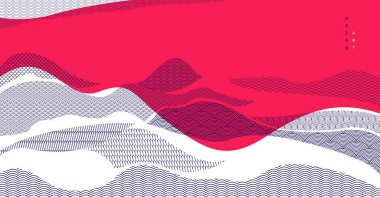 Soyut oryantal Japon sanat vektörü arka planı kırmızı renk, geleneksel stil tasarımı, dalgalı şekiller ve dağlık arazi, deniz hatları gibi akışkan..