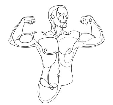 Linear drawing of a perfect body fit model man posing vector illustration isolated, muscular macho sexy guy with naked torso topless.