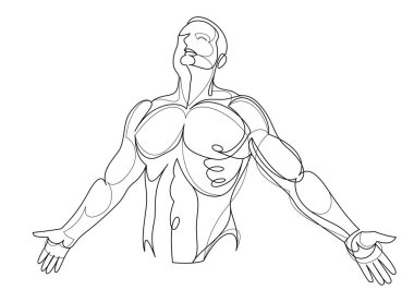 Man with spread hands showing pose of freedom like feeling that he can fly, vector linear illustration, emotional concept of feel free and happy.