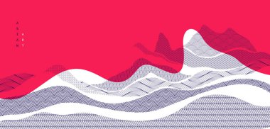 Japon stili soyut çizimler kırmızı renkte, arka plan Asya geleneksel tarzında, dalgalı şekiller ve dağlık arazi deniz hatları gibi akıcı..