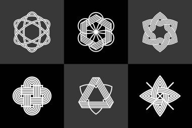 Logo oluşturma için grafik tasarım ögeleri, iç içe geçmiş çizgiler vintage biçim simgeleri koleksiyonu, soyut geometrik doğrusal semboller vektör kümesi.