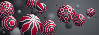 Soyut gerçekçi parlak küreler vektör arkaplanı, desenlerle süslenmiş uçan topların bileşimi, 3 boyutlu çizgili küreler, alan etkisinin derinliği.