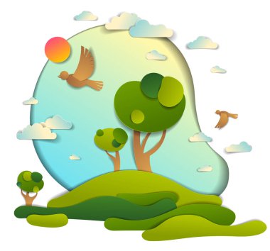 Yeşil tarlalar ve ağaçlar yaz manzarası bulutlu kuşlar ve güneş gökyüzünde, kağıt kesimi çocuksu illüstrasyon, kırsal tatiller, seyahat ve turizm teması.