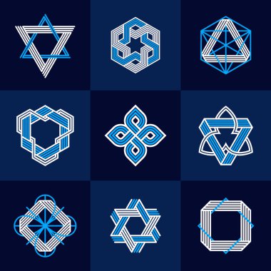 Logo oluşturma için grafik tasarım ögeleri, iç içe geçmiş çizgiler vintage biçim simgeleri koleksiyonu, soyut geometrik doğrusal semboller vektör kümesi.