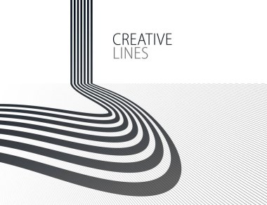 Ufuktan ufka doğrusal bileşim vektör yolu, üç boyutlu perspektif çizgileri ile soyut arkaplan, optik illüzyon op sanatı, siyah ve beyaz monokrom.