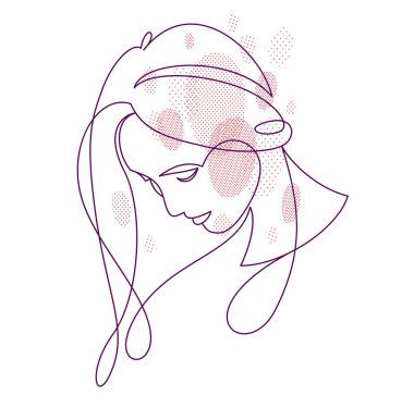Beautiful face of attractive woman vector linear drawing, sensitive emotional line art adult girl portrait, feminine abstract face line art.