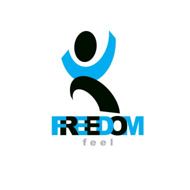 Vector illustration of excited abstract  man with raised reaching up. Successful business career logotype. Corporate development emblem. Freedom creative logo.