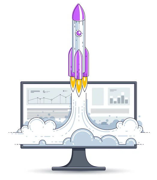 启动火箭起飞的计算机显示器 空间火箭飞行启动互联网商业概念 在线金融 市场或商店 矢量插图 — 图库矢量图片